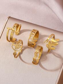 4 Stücke/5 Stücke Set minimalistische Mode kühler Ton Landschaft Edelstahl vergoldeter Liebesblatt offener Ring Set, geeignet für Damen Alltag, Festivals, Partys oder als Geburtstags-, Valentinstags-Geschenk - Gold - Übersicht 4