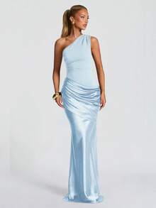 Vestido de cóctel ajustado con hombro asimétrico elegante, diseño fruncido en la cintura y las caderas, adecuado para ocasiones formales, fiestas de cóctel, vestidos de dama de honor, fiesta - Celeste - Ver 11