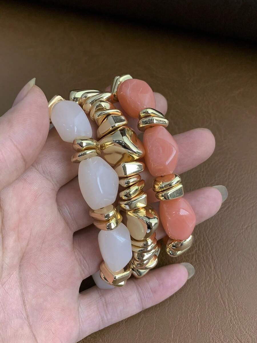 3pcs/Set Vintage Boho Style Thick Multi-Layer Acrylic Beaded Bracelets, Gold Nugget Charm Bracelets For Women & Couples, Luxury High-End For Party & Daily Wear
