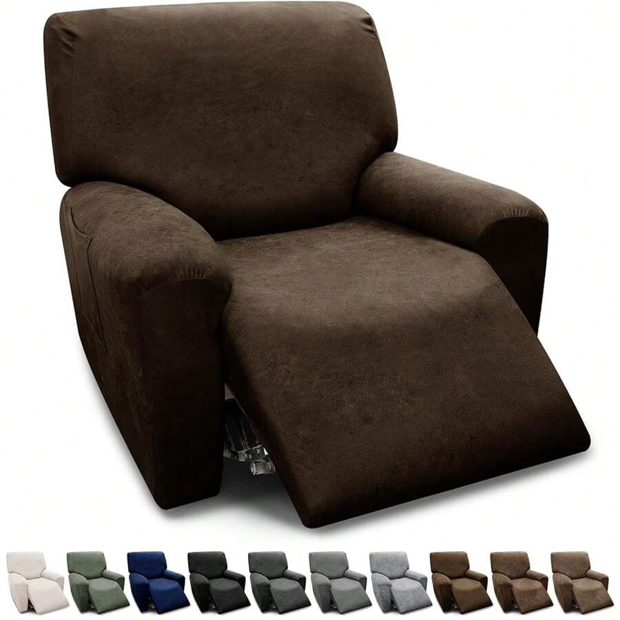 Chair Covers 4-Pieces Recliner Chair Covers 1 Seater Cover For Recliner Chair Leather Look Recliner Slipcovers With Pockets Spandex Fabric Furniture Covers(XL Recliner, Coffee) - 咖啡 - 查看 1