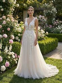 YOUKEFEIER Deep V-Neck Lace Embroidered With 3D Floral Long Wedding Dress - Beige - View 10