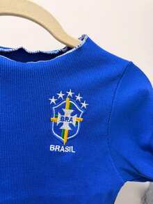 Women's Cropped Top Brazil Ribbed Embroidery World Cup | Short Sleeve | Cotton With Elastane Fabric Embroidered Edge Cropped Top Night Holiday Vacation Travel Sports And Fitness Summer - 藍色 - 查看 3