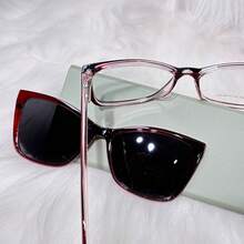 Women's Adult Clip-On Glasses, Acetate Nylon, 2 In 1, Square, Size M, BL8007 - vermelho - 查看 2