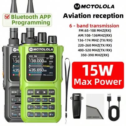 MMCTOLOLA Walkie Talkie de 15W con multibanda, Bluetooth, función de programación de frecuencia con un solo clic, función de escritura, reducción de ruido, sonido claro, radio aficionada portátil AM/FM, batería de 6000mAh
