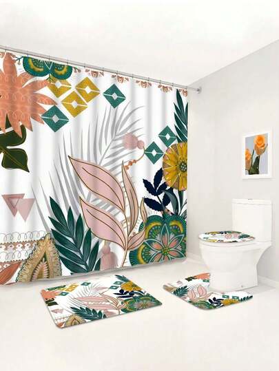 1/4 Pcs Tropical Palm Leaf Printed Waterproof Shower Curtain, Tapestry Wall Hanging, Non-Slip Bath Mat, Toilet U-Shaped Mat, Modern Home Decor With 12 Hooks, Polyester Fabric, Machine Washable, Suitable For Bathroom Decoration In Hotel, Apartment, Home, All Seasons, Great Gift For Friends And Family