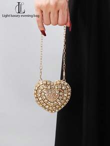 闪耀复古水晶镶嵌迷你心形唇膏盒，优雅女士手拿包、单肩包、零钱包、链条包，适合搭配各种服饰，是婚礼、派对、舞会、生日礼物和节日礼物的理想之选。 - 金色 - 查看 10