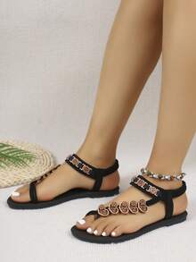 1 Đôi sandal chiến binh kiểu Bohemian cổ điển với nhẫn ngón chân hình trái tim và hoa. - màu đen - Xem 5