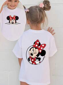 Disney Minnie Mouse Peeking And Sitting Double-Sided Printed Pattern T-Shirts For Girls - Children's Clothing Design Short-Sleeved Casual And Cute Style Comfortable And Casual Wear All Year Round Suitable For Parties And Play Machine Washable Gift Children's Clothing Girls' Short-Sleeved Shirts - trắng - Xem 1