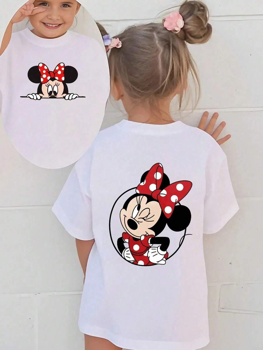 Disney Minnie Mouse Peeking And Sitting Double-Sided Printed Pattern T-Shirts For Girls - Children's Clothing Design Short-Sleeved Casual And Cute Style Comfortable And Casual Wear All Year Round Suitable For Parties And Play Machine Washable Gift Children's Clothing Girls' Short-Sleeved Shirts - trắng - Xem 1