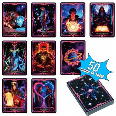 50pcs Classic Neon Tarot Cards, Fortune Telling & Insight High-End Paper Card Game, Party Interactive Card Game