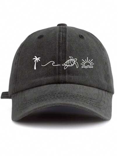 1 Pc Unisex Vintage WashedBaseball Cap - Minimalist "Sea Turtle &Palm Tree" Line Art Graphic - AvailableIn Earthy Tones (Forest Green, Navy,Coffee, Black, Grey, Khaki) & Pop Colors(Burgundy, Dusty Pink, Orange) - Soft"Jean-Look" Dad Hat For TropicalVacation & Beach Gift, Brazilcore Y2KAesthetic