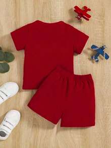 2pcs Baby Boy Letter Print Short Sleeve T-Shirt And Shorts Set - Red - View 2