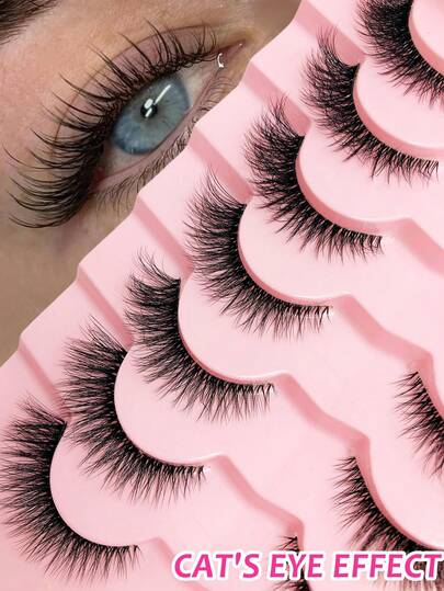  Asiteo 7 Pairs Fluffy Cat Eye False Eyelashes Natural Look Cross Lashes Transparent Band Faux Mink Lashes Thick Eye End Elongated Soft Curly Lashes ,Soft & Lightweight, Mink-Like Lash Strips For Alluring Eye Makeup