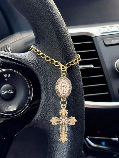 Steering Wheel Rosary Pendant, Pink Virgin Mary Cross Steering Wheel Ornament, Catholic Rosary Pendant, Car Accessories, Cross Keychain, Adjustable Chain, Fashion Accessory, Unisex Car Interior Decor, Suitable For Car Decoration, Bag Hanging, Luggage Hanging, Headphone Hanging, Unique Christian Gift - Christmas, Thanksgiving, New Year, Birthday Gift For Drivers, Family, Friends, Loved Ones