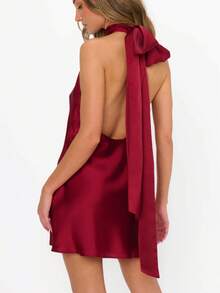 Women Halter Neck Large Bow Back Satin Bodycon Mini Dress Slim Fitted Mock Neck Solid Color Sleeveless Backless A-Line Short Dresses Evening Party Dress Clubwear Night Out CLothes Beachwear Dress - 酒紅色 - 查看 6