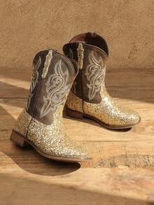 Girls Gold Cowgirl Boots Glitter Western Style Toddler Cowboy Boots Child Mid Calf Rhinestone Riding Shoes Party Birthday Dress Up For Toddler/Little/Big Kid Party School Holiday Dress Up - Vàng - Xem 1