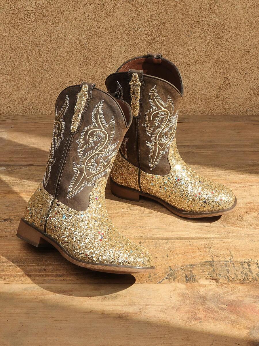 Girls Gold Cowgirl Boots Glitter Western Style Toddler Cowboy Boots Child Mid Calf Rhinestone Riding Shoes Party Birthday Dress Up For Toddler/Little/Big Kid Party School Holiday Dress Up - Vàng - Xem 1