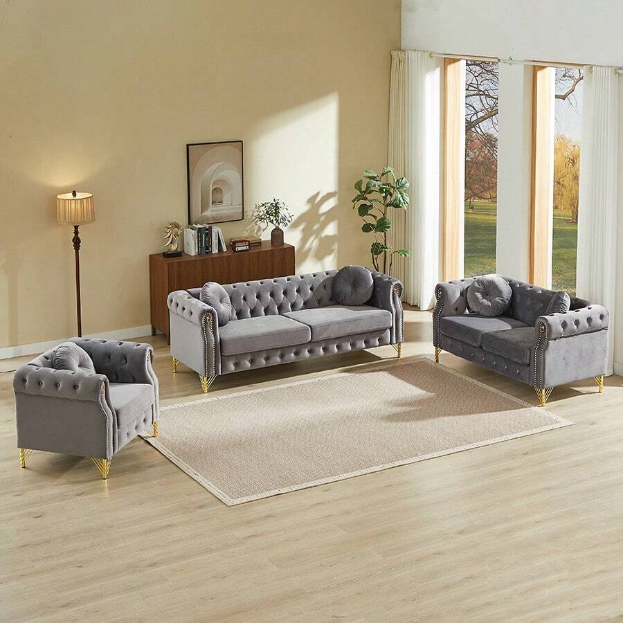 YOGLAD Modern Velvet Chesterfield Modular Sofa Couch Set With Tufted Button Back, Copper Stud Trim, Metal Legs & Decorative Armrest Rings, Spring Cushion Living Room Sofa, Single Seat, Loveseat & 3 Seater Upholstered Couch For Home Apartment - 灰色 - 查看 1