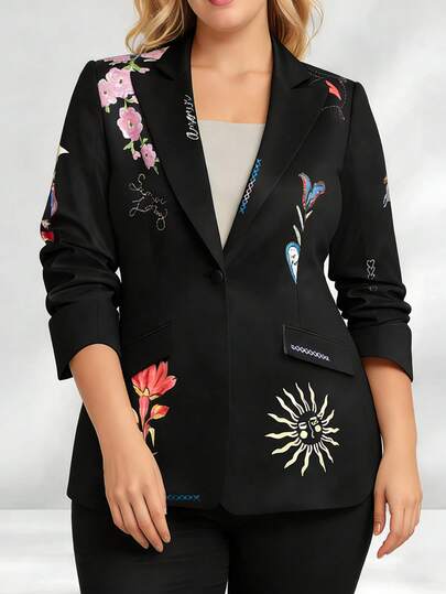 HOMEYEE Floral Print Long Sleeve Blazer Jacket With Pockets, Vintage Elegant Casual Suitable For All Seasons, Plus Size