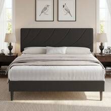 Upholstered Bed Frame With Headboard, Linen Fabric Platform Bed Frame With Adjustable Headboard, Modern Bed Frame With Wooden Slats Support, No Box Spring Needed, Easy Assembly, Black, Twin/ Full/ Queen * Aesthetic Bedroom Furniture Instagrammable Bedroom Decor - 黑色 - 查看 1