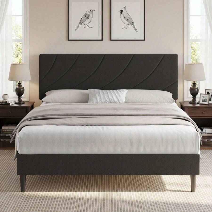 Upholstered Bed Frame With Headboard, Linen Fabric Platform Bed Frame With Adjustable Headboard, Modern Bed Frame With Wooden Slats Support, No Box Spring Needed, Easy Assembly, Black, Twin/ Full/ Queen * Aesthetic Bedroom Furniture Instagrammable Bedroom Decor - 黑色 - 查看 1