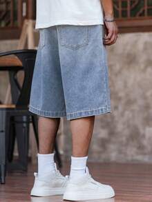 European And American Teenage Boys' Yin Yang Patchwork Blue And White Rhinestone Embellished Casual Denim Shorts - Light Wash - View 2