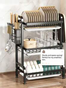 3-Tier Over Sink Heavy Duty Stainless Steel Dish Drying Rack, Rustproof Extra-Large Capacity Non-Slip Kitchen Counter Organizer, Removable Drainboard With Utensil Knife Cup Cutting Board Holder, Space-Saving Easy To Clean Kitchen Orangizer | Organozador Cocina Kitchen Essentials - Màu đen (Phiên bản dày hơn) - Xem 3