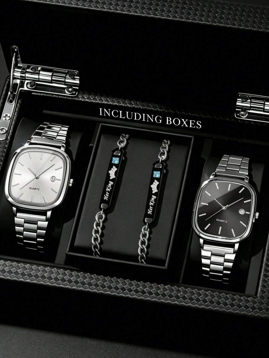 一套简约多功能情侣手表配件，时尚石英表组合，包括方形表盘石英表、刻字链式手链、银色金属表带，黑白两色可选。简约柔和的风格，充分展现情侣魅力。