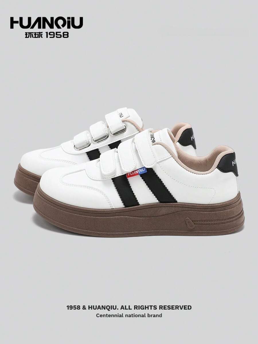 HUANQIU Women's Casual Sneakers, Hook And Loop Closure, Minimalist Design, White Shoes, Soft Sole, Platform - Black and White - View 1
