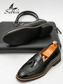 Salkin Classic Retro Men's Slip-On Loafers With Tassels, Elegant Gentleman's Leather Shoes With Luxurious And Soft Comfortable Feel, Suitable For Casual, Business, Formal Occasions Like School, Graduation, Office, Party, Wedding. Please Order One Size Up As The Sizing Runs Small, Suitable For Spring, Summer, Autumn Formal/Business Formal - Tassel Plaid Loafers - View 9