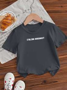 Young Boy Casual Graphic Print Crew Neck Short Sleeve T-Shirt, Summer Top - Dark Grey - View 6