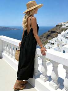 Backless Dress, Cami Lounge Dress Backless, Backless House Dress, Backless Spaghetti Strap Maxi Dress, Backless Cami Dress, Backless Cami Dresses For Women, Women's Solid Color Casual Elegant Sleeveless Dress For Summer, Ladies Clothes For Beach Holiday Vacation, Ladies Sleepwear For Indoor, Women's Plain Backless Long Dress, All Seasons Casual Wear Open Back Dress, Valentines Day Decorations Decor, Valentines Day Gifts For Her Outfit, St Patricks Day Decorations, Easter Decor - 黑色 - 查看 4