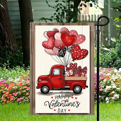 Bandeira de jardim para o Dia dos Namorados (1 unidade) - Design dupla face com caminhão vermelho e balão em formato de coração, feita em poliéster, durável, resistente ao desbotamento, lavável à máquina, 30x45cm (12x18 polegadas), não necessita de mastro.