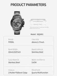 Fossil BQ2491 男士多功能石英表，灰色不锈钢表带，运动腕表，男士生日和周年纪念日的理想礼物 - 灰色 - 查看 9