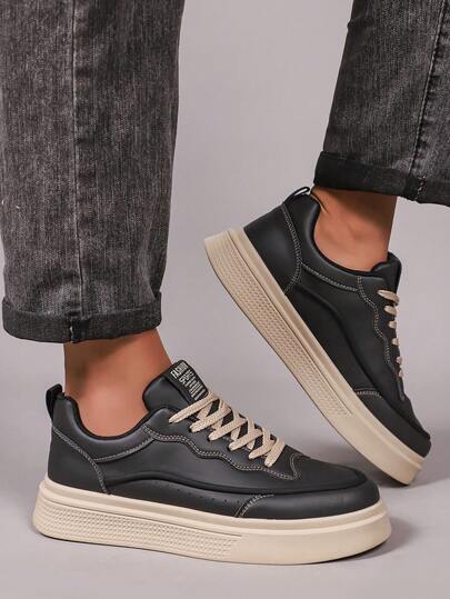 男士纯色学院风系带休闲运动鞋，适合运动、跑步、休闲穿着、商务出行、通勤等各种场合，四季皆宜。时尚、舒适、百搭，拉长身形。