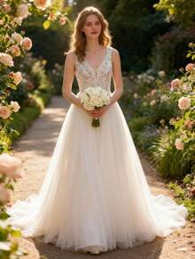 YOUKEFEIER Elegant V-Neck Spaghetti Strap Wedding Dress, Delicate Lace Top, Flowing Skirt Showcasing Bridal Charm - Beige - View 7