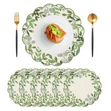 1pc/Set Eucalyptus Leaf Linen Round Placemat, 38cm, Seasonal Kitchen Dining Table Decor, Spring Home Decor, Spring Wedding Home Decoration - Multicolor - View 6