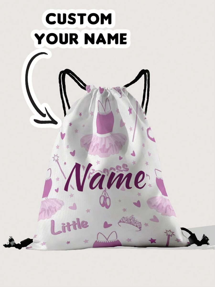 1pc Customized Name Cartoon Princess Dress Pattern Drawstring Backpack, Can Be Customized According To Your Unique Design, Perfect For Children, Print Your Own Name Or Print Your Sister's And Classmate's Name As A Gift To Give To Others