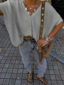 Women's Casual Dropped Shoulder Cardigan Sweater, Suitable For Commuting, School, And Vacation, Spring/Summer - Light Grey - View 4