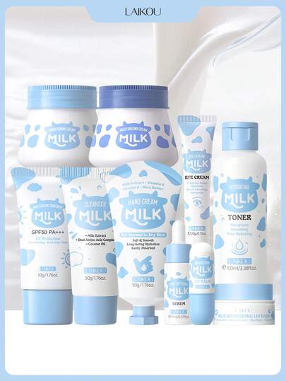  一套莱寇 (LAIKOU) 牛奶焕彩保湿护肤套装（保湿霜 55g + 亮肤霜 55g + 保湿防晒霜 50g + 滚珠焕彩眼霜 20g + 保湿爽肤水 100ml + 柔肤精华 17ml + 洁面乳 50g + 护手霜 50g + 滋养唇膜 8g + 滋养润唇膏 3.5g），适合所有肤质的女性和女孩，居家或外出皆宜，方便日常护肤。