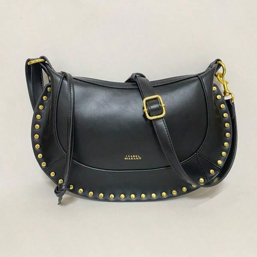 Studded Bag, Classic, Popular, Internet, Crescent Moon Design, Gold Studded Bag, Retro Shoulder Bag, Crossbody Bag For Carrying - 黑色 - 查看 1
