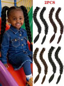 2条装橡皮筋辫子发丝纤维合成假发，适合儿童日常佩戴和角色扮演 - 彩色 - 查看 2
