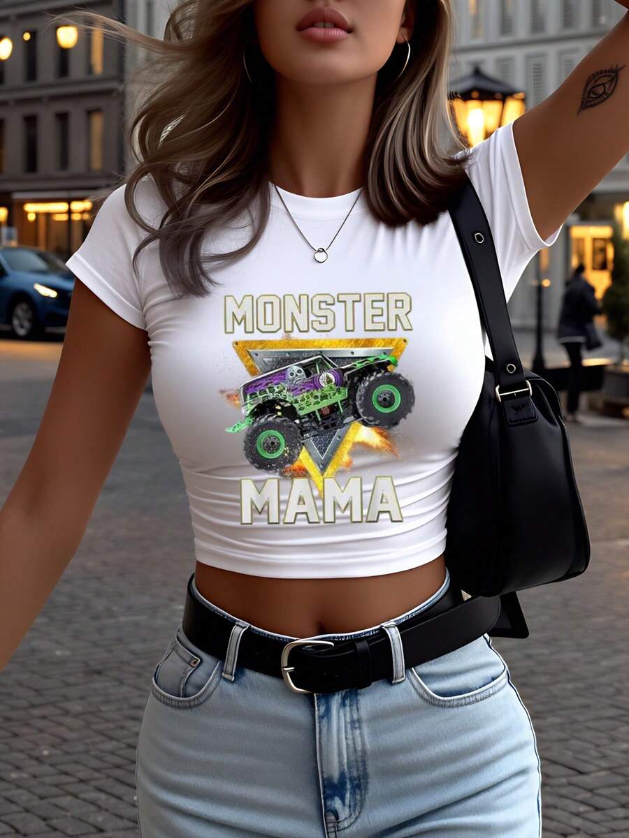 Monster Truck Mama Print Crop Top Women Casual Streetwear Short Sleeve T Shirt With Graphic Design For Outdoor Activities And Daily Wear 220g - trắng - Xem 1