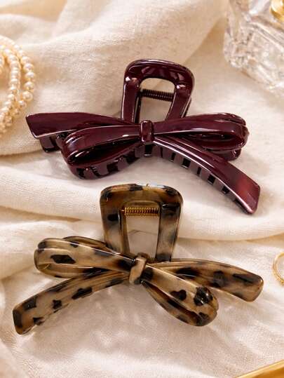 2个/1个女士巧克力色蝴蝶结发夹和豹纹蝴蝶结发夹组合，时尚鲨鱼夹发卡，优雅简约纯色发爪，适合日常、休闲、派对、海滩、度假、发型设计、洗发、化妆、服装配饰，秋冬春夏皆宜