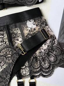 Women's Sexy Embroidered Floral Sheer Lingerie Set, Exotic Style - Black - View 9