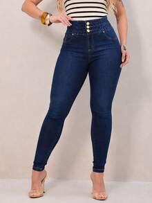 Women's Jeans With Elastic Waistband, High Waist With Lycra, Butt-Lifting Effect - Azul lavado oscuro - Ver 4