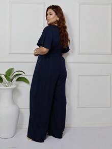 Women's Plus Size Plain Long Jumpsuit, Wide Leg, Short Sleeve, V-Neck, Ruched Front, Comfortable - 藏蓝色 - 查看 7
