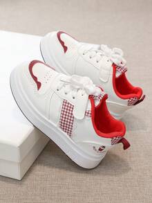 1 双 2026 新款儿童休闲运动鞋，白色鞋面，浅粉色点缀，格子布拼接设计 - 紅色 - 查看 7