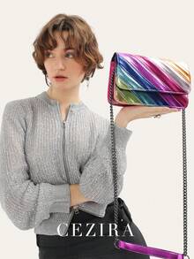 CEZIRA Women's Fashion Metal PU Plain Leather Small Colorful Striped Handbag, Rainbow Color Patchwork Square Flap, Metal Chain Shoulder Strap Crossbody Bag, Portable, Suitable For Girls, College, Travel, Vacation, Summer And Spring - Multicolor - View 2