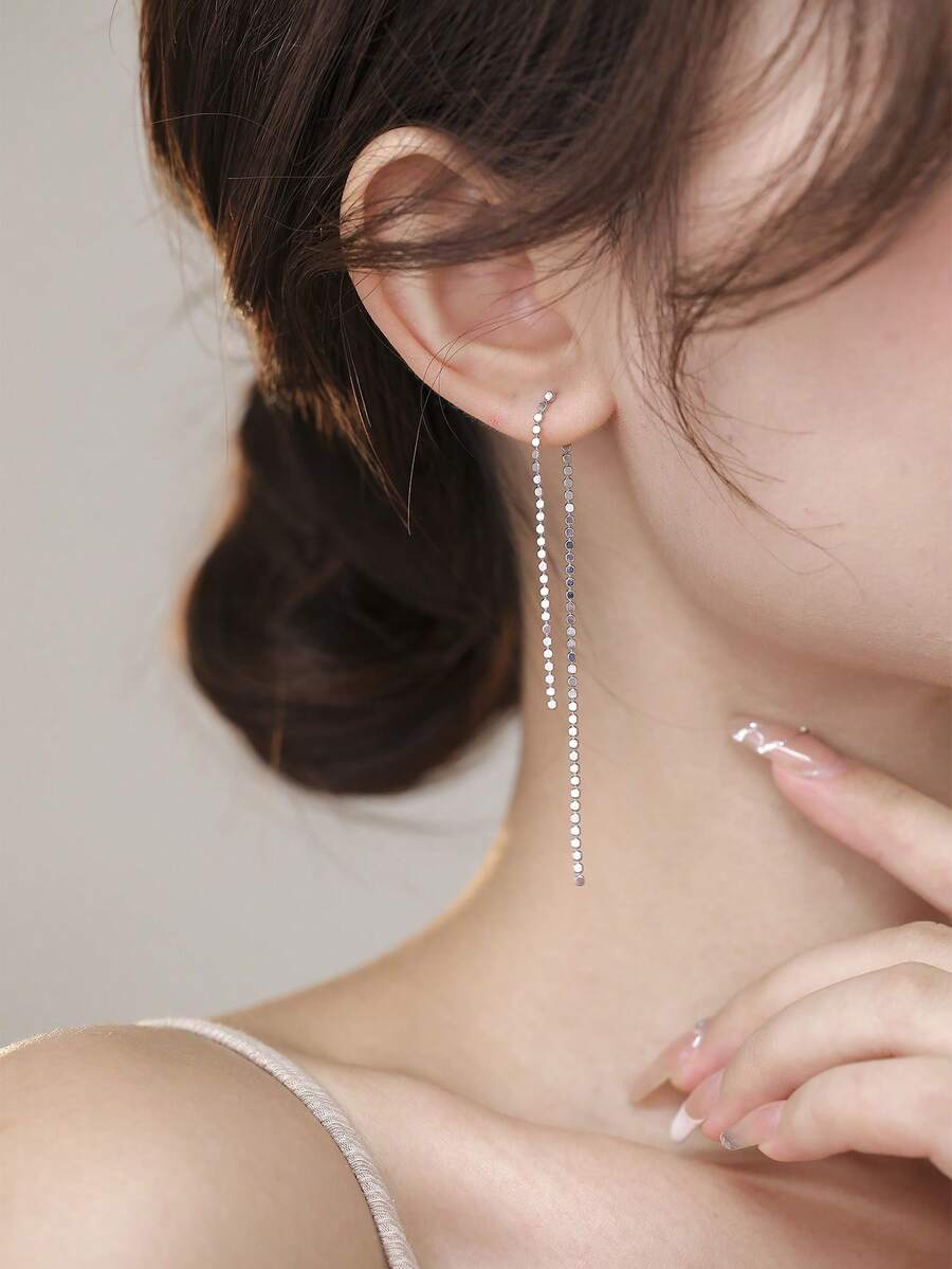 Nooxian 1 par de pendientes de oreja con borla minimalistas y elegantes, accesorio casual y sencillo - Plateado - Ver 1